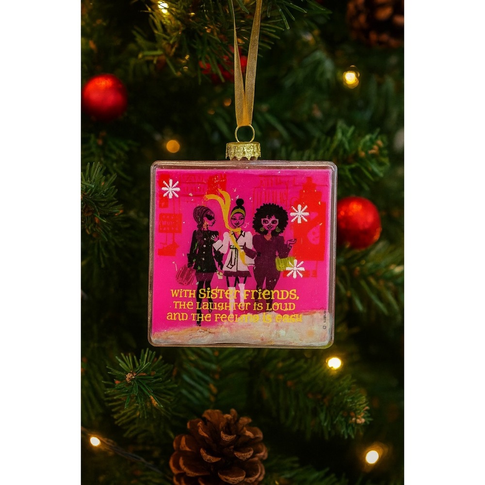 Hallmark Sister Friends Friendship Ornament Pink Glitter Square Mahogany African